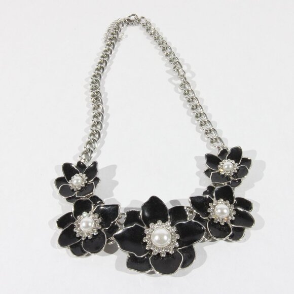 Jewelry - Silver-Tone Necklace with Black Flowers with Faux Pearls and Clear Rhinestones